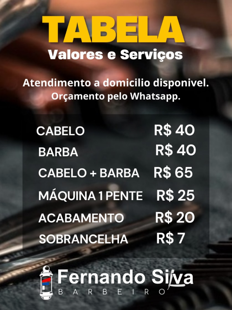 Tabela de valores e serviços