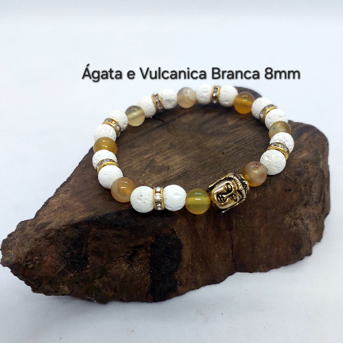 Pulseira Ágata e Vulcânica Branca 8mm