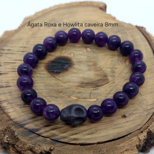 Pulseira Ágata Roxa e Howlita Caveira 8mm