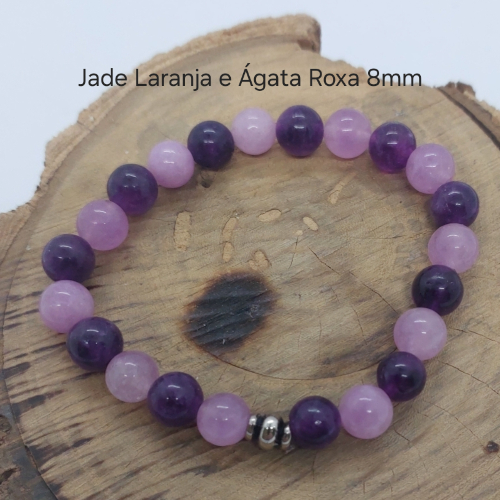 Pulseira Jade Laranja e Ágata Roxa 8mm