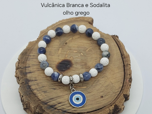 Pulseira Vulcânica Branca e Sodalita Olho Grego 8mm