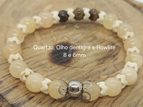 Pulseira Quartzo, Olho de Tigre e howlita.  8 é 6mm