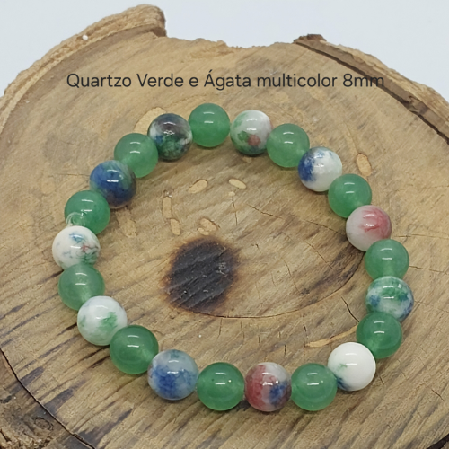 Pulseira Quartzo Verde e Ágata Multicolor 8mm