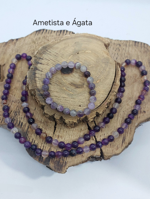 Conjunto Colar + Pulseira Ametista e Ágata