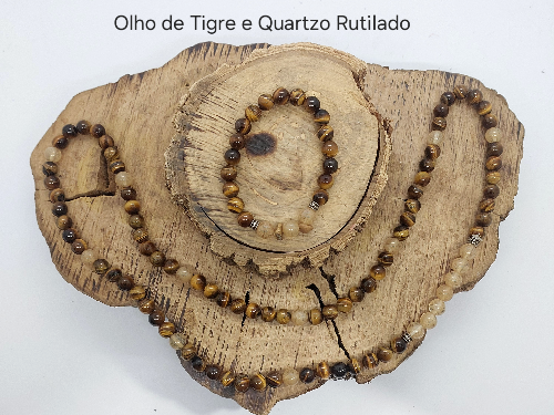 Conjunto Colar + Pulseira Olho de Tigre e Quartzo Rutilado