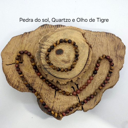 Conjunto Colar + Pulseira Pedra do Sol, Quarto e Olho de Tigre