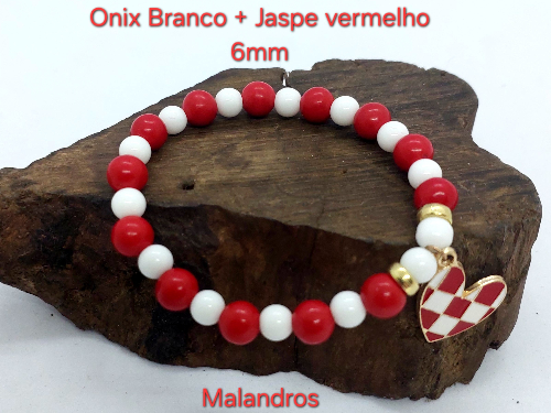 Pulseira Pedra Onix Branco e Jaspe Vermelho. 6mm