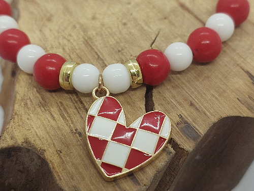 Pulseira Pedra Onix Branco e Jaspe Vermelho. 6mm