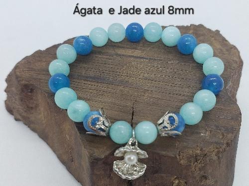 Pulseira Pedras Ágata e Jade Azul.  8mm