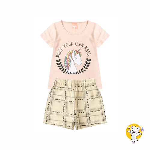 Conjunto Infantil Verão Menina Unicórnio Iaia Creme