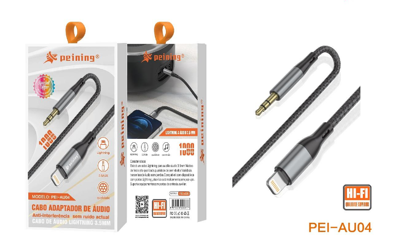 Cabo Adaptador de Áudio PeiningEntrada Lightning 3.5 AUX 1 MAnti-interferência e sem ruído
