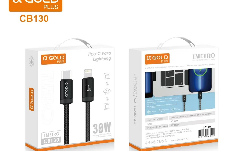 CABO DE CARGA RÁPIDA TURBO POWER 30W TIPO C PARA IOS 1 M METROS AGOLD