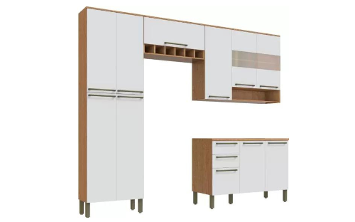 Cozinha Completa Nápoli Prime 4 Peças 11 Portas 2 Gavetas Aéreo Armário Paneleiro Balcão Com Tampo Castanho/Branco Castanho