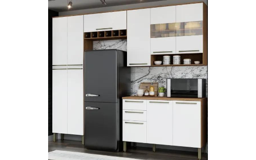 Cozinha Completa Nápoli Prime 4 Peças 11 Portas 2 Gavetas Aéreo Armário Paneleiro Balcão Com Tampo Castanho/Branco Castanho