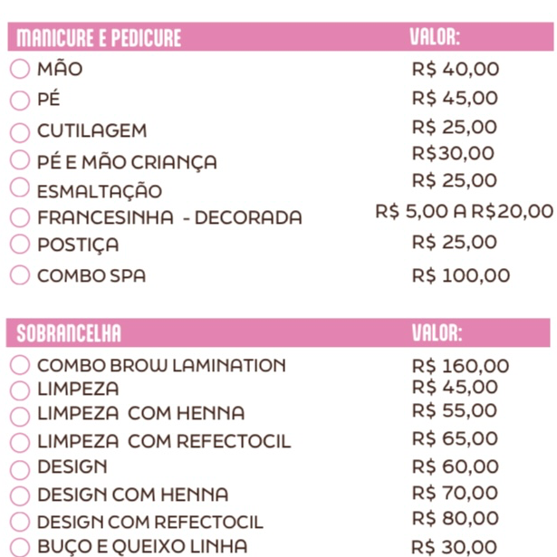 TABELA DE VALORES ESMALTERIA